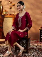 Maroon Embroidered Silk Straight Kurta - Image 3