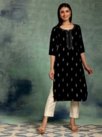 Black Woven Design Rayon Straight Kurta - Image 3