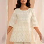 Zoya Off White Embroidered Cotton A-Line Kurti