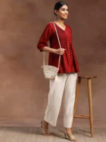 Red Woven Design Silk Blend A-Line Kurti - Image 3