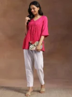 Pink Solid Rayon A-line Kurti - Image 3