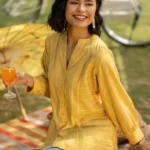 Yellow Woven Design Cotton Blend Straight Short Kurti