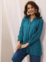 Teal Blue Woven Design Cotton Blend Straight Short Kurti - Image 3