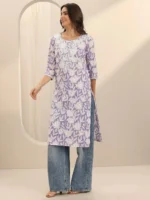 Lavender Straight Printed Cotton Kurta - Image 2