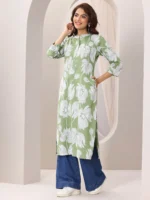Green Printed Cotton Straight Kurta - Image 2