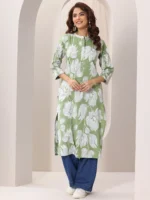 Green Printed Cotton Straight Kurta - Image 3