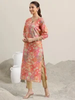Peach Printed Silk Blend Straight Kurta - Image 2