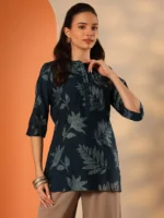 Blue Printed Silk Blend Straight Short Kurti