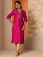 Pink Embellished Silk Blend Straight Kurta - Image 4