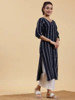 Navy Blue Woven Design Rayon Straight Kurta - Image 2