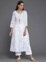 Off White Printed Cotton Straight Kurta - Image 2