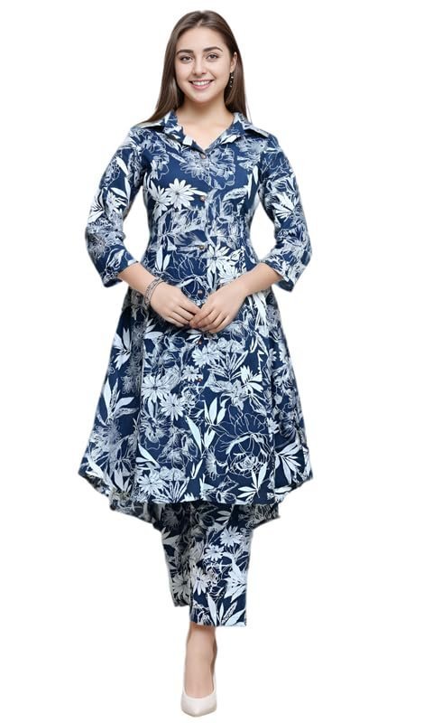 518oHdo7FL.jpg Women's Co-ord Set Cotton Collared Kurta with Pant Cord Set Outdoor Wear - Image 1