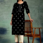 Black Woven Design Rayon Straight Kurta