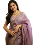 Women's Silver Tissue Silk Ethnic Saree With Unstiched Blouse Piece For Festival And Function.
