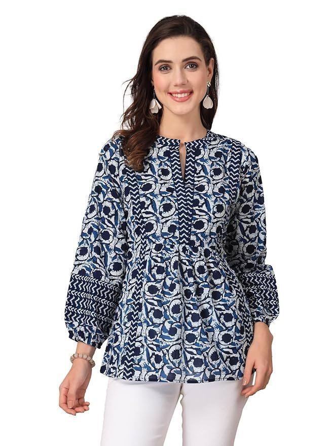 71wXvuf0IL._SY879_.jpg Polyester Women's Floral Placement 3/4 Sleeve and Keyhole Neck Printed Short Kurti (Copy) - Image 1