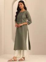 Taupe Printed Cotton Blend Straight Kurta - Image 2