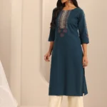 Navy Printed Cotton Blend Straight Kurta