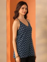 Navy blue Printed Cotton Straight Short Kurti - Image 4