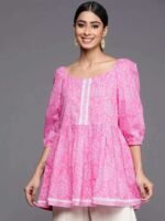 Pink Printed Cotton A-Line Kurti - Image 3